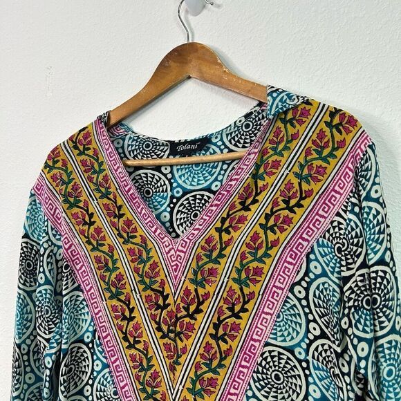 Tolani Multicolor Katarina Silk Printed Hooded Tunic V Neck Women’s Small - Picture 2 of 13